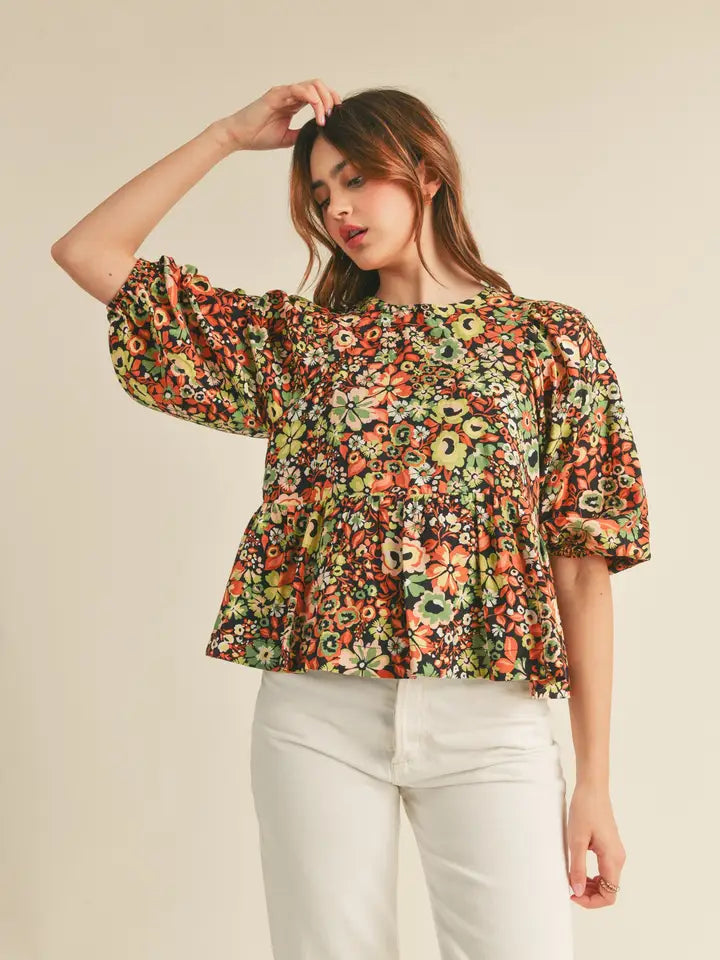 Floral Print Babydoll Top - Black Floral - Final Sale