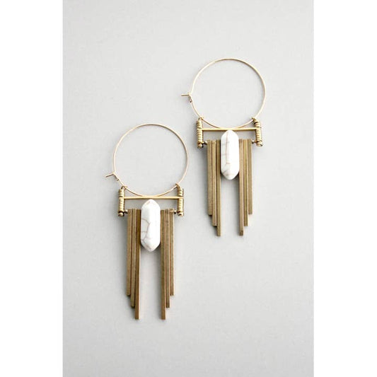 White and Brass Art Deco Hoop Earrings