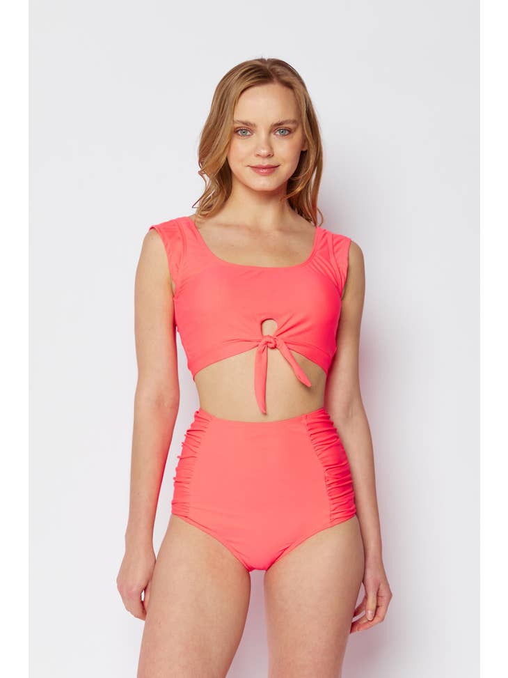 Tie Front Sporty Swimsuit - Coral - Final Sale
