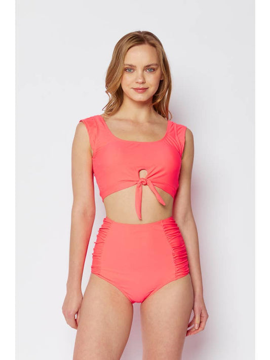 Tie Front Sporty Swimsuit - Coral