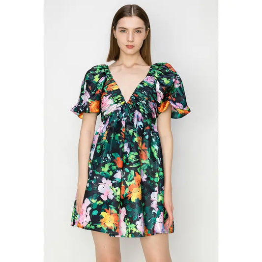V-Neck Floral Mini Dress - Black Multi
