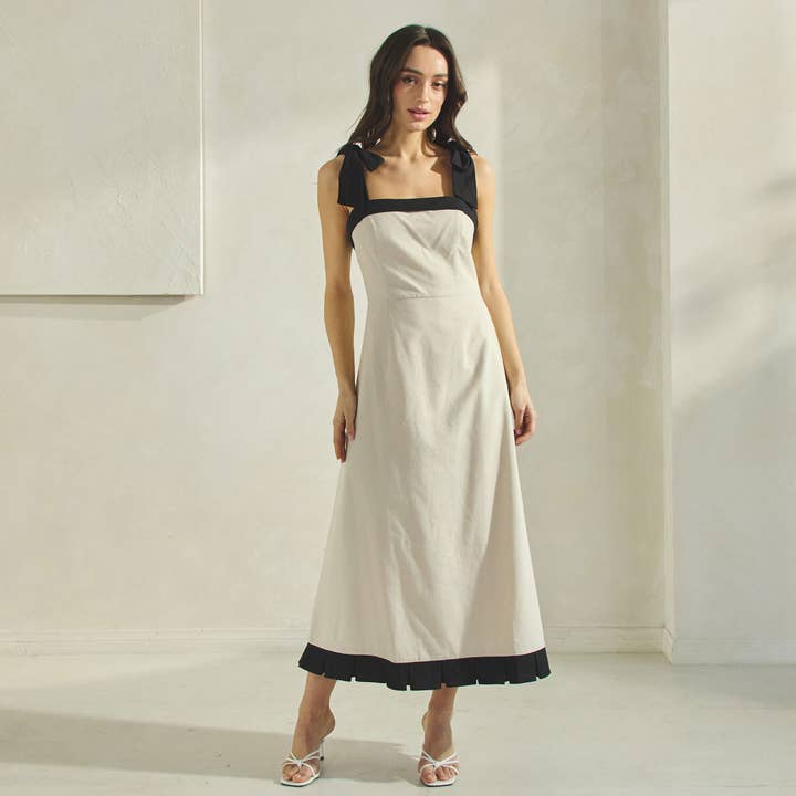 Contrast Pleated Midi Dress - Natural/Black