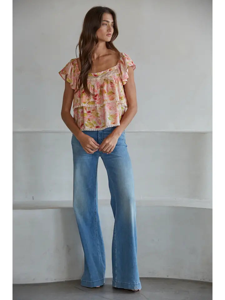 Floral Lace Trim Top - Pink Multi