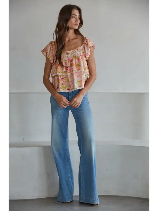 Floral Lace Trim Top - Pink Multi