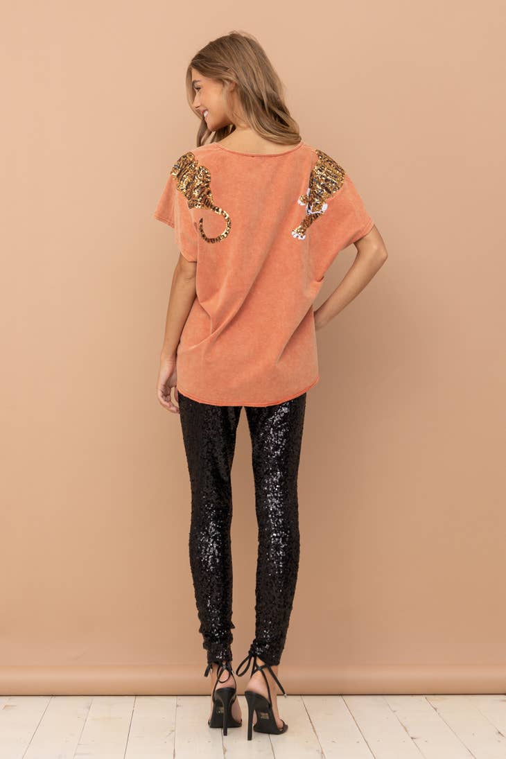 Tiger Sequin Patch T Shirt - Rust