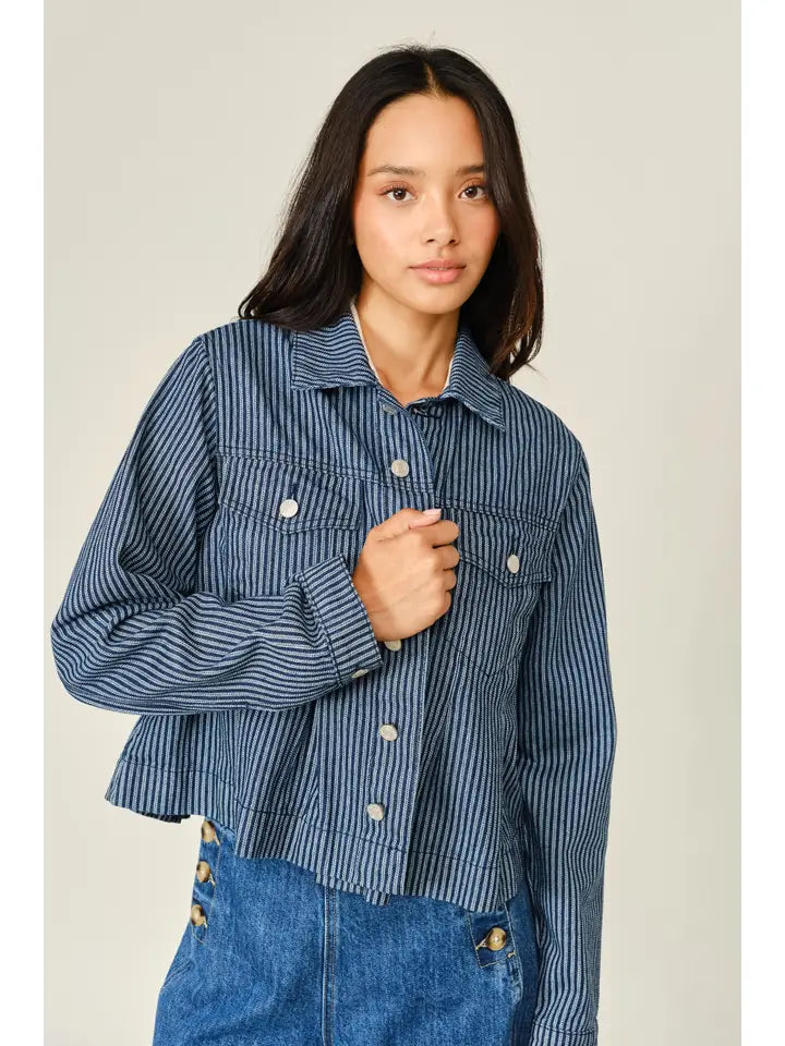 Striped Texture Denim Pleated Jacket - Denim