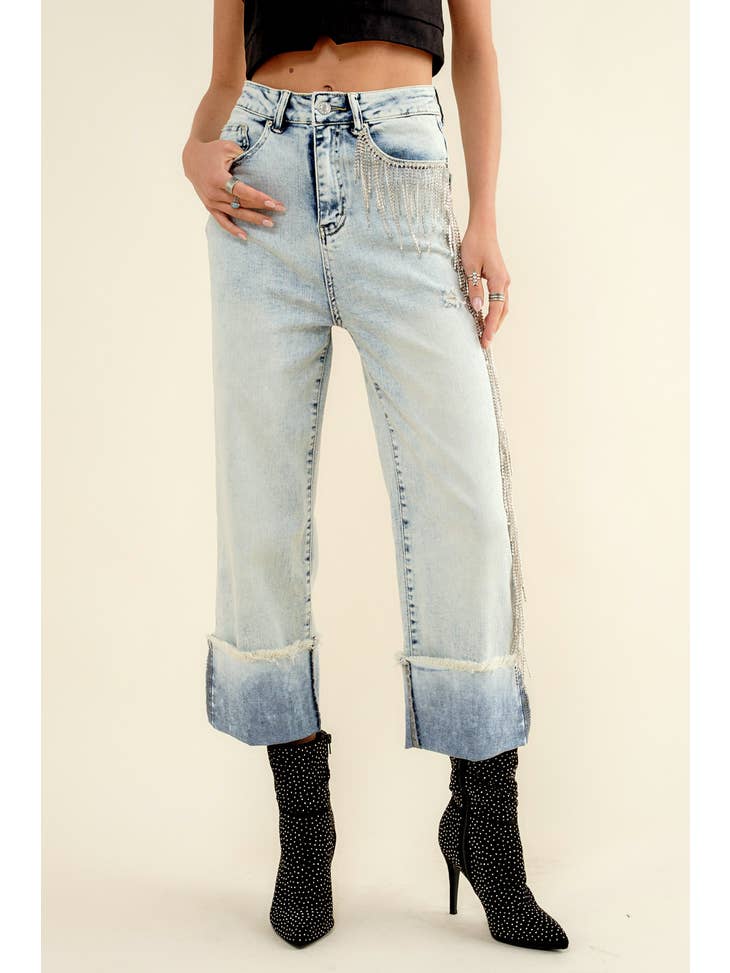 Fringe Rhinestone Denim Jeans