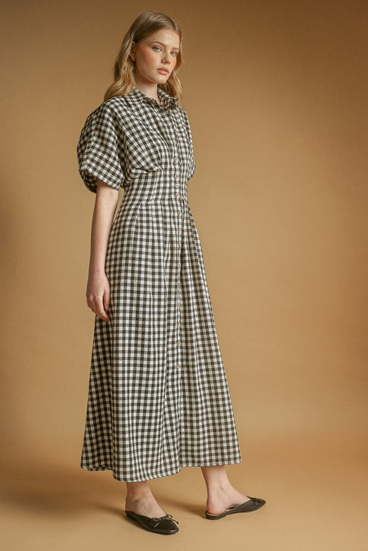 Gingham Shirt Dress - Black/Cream