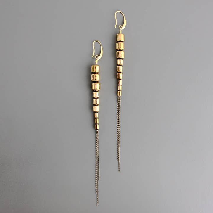 Gold Hematite and Brass Chain Earrings