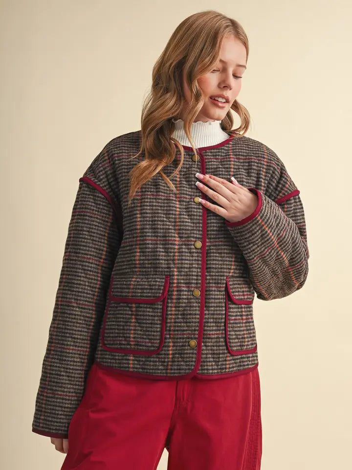 Houndstooth Jacket with Contrast Binding - Brown Multi Plaid