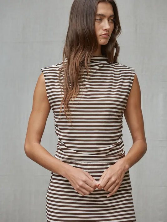 Mock Neck Sleeveless Top - Cream Brown