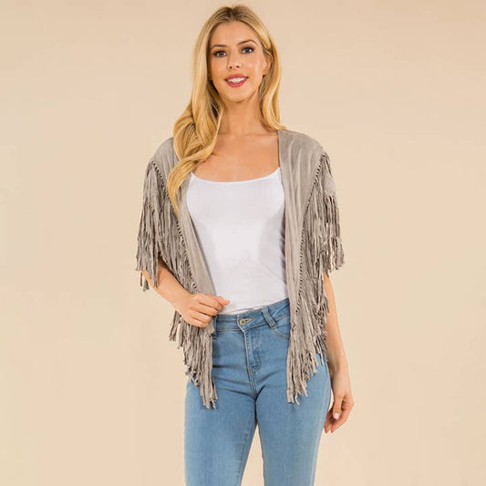 Faux Suede Tassel Shawl - Gray
