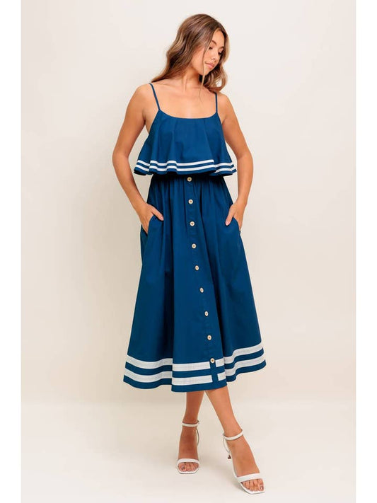 Woven Midi Dress - Navy White