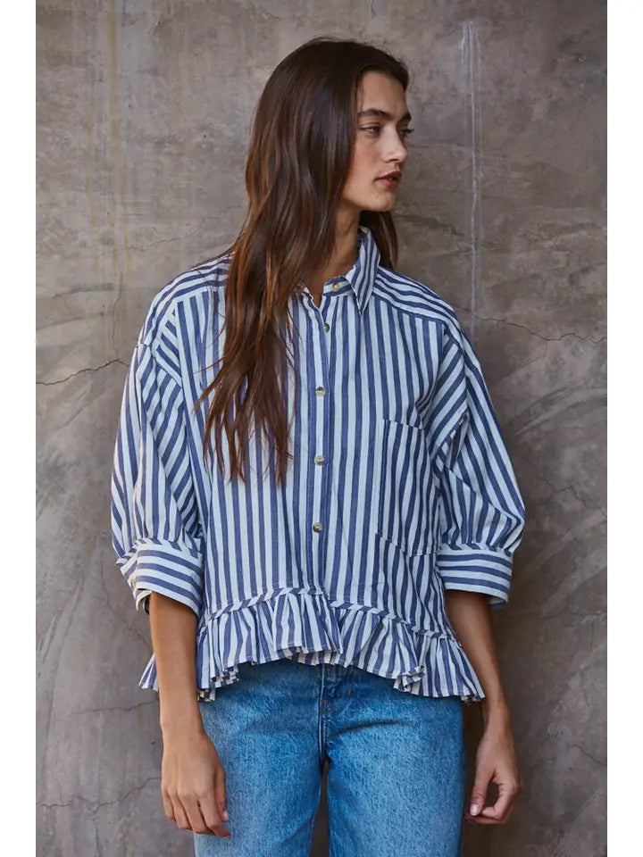 Ruffle Hem Button Down - Ivory/Blue