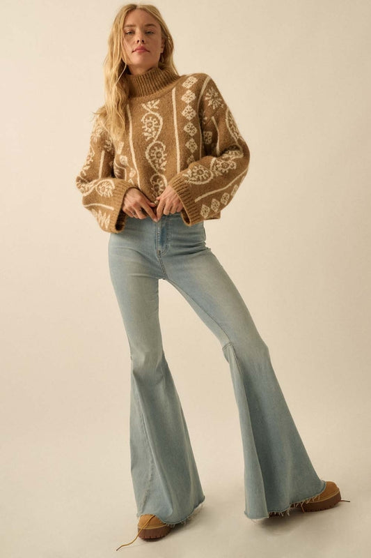 Abstract Floral Mock-Neck Sweater - Taupe