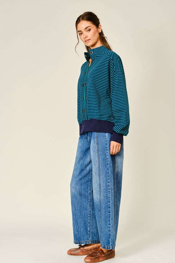 Pullover Striped Eyelet Detail Sweatshirt - Navy/Green