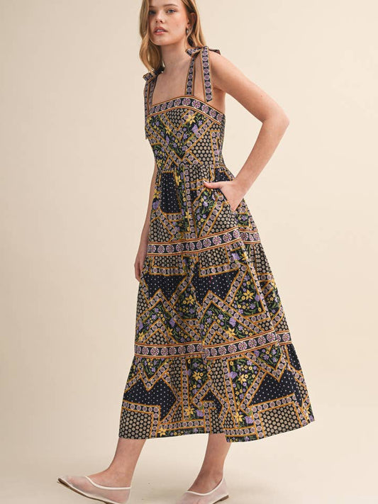 Floral Patchwork Midi Dress - Deep Navy Multi