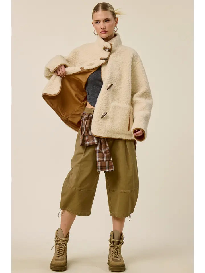 Oversized Sherpa Toggle Button Jacket - Cream