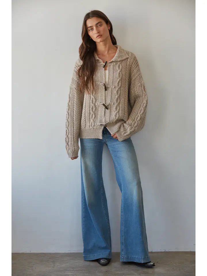 Cable Knit Mock Cardigan - Taupe