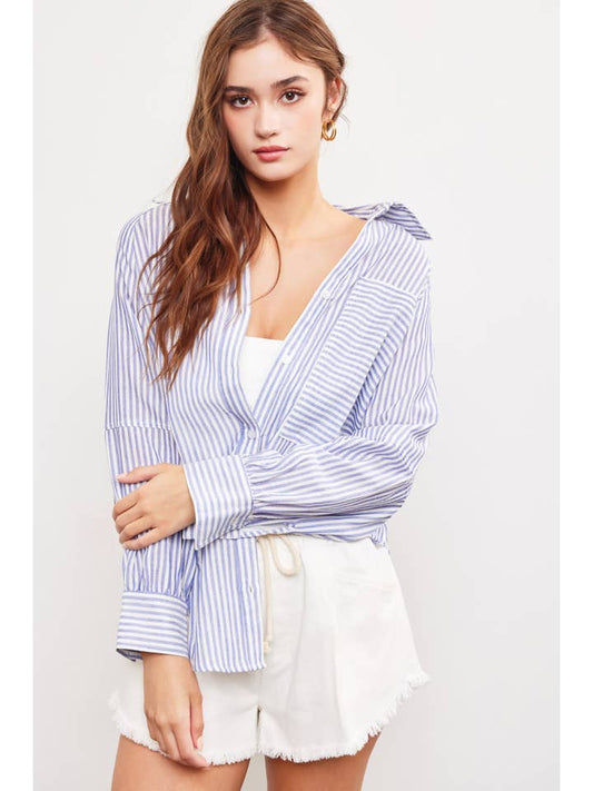 Striped Button Down Shift - Denim Blue