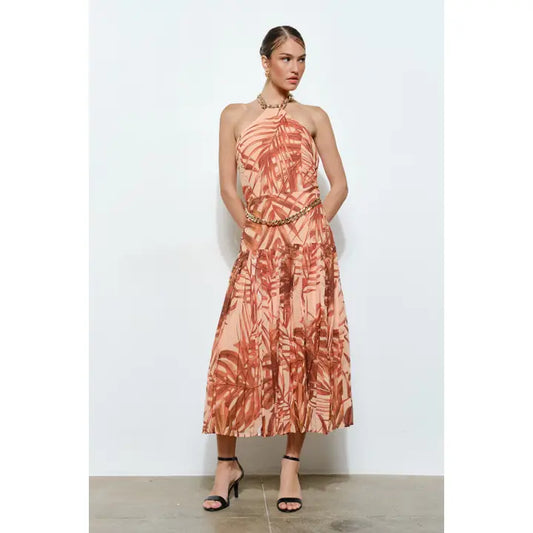 Tropical Halter Maxi Dress - Rust Multi