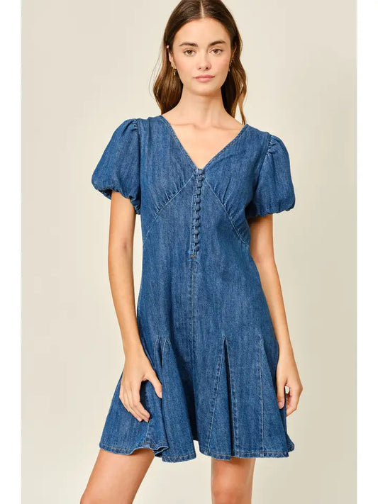 Puff Sleeve Mini Dress - Denim