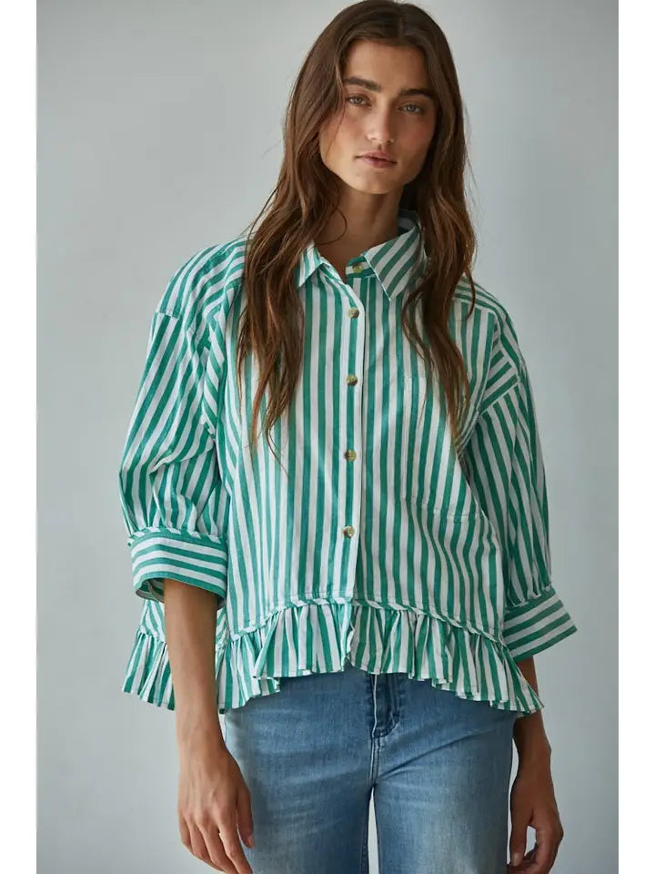 Ruffle Hem Button Down - Ivory/Green