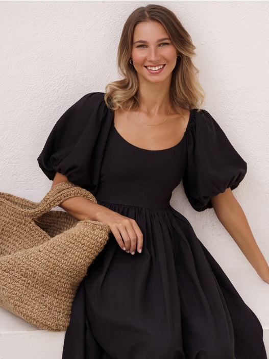 Cherie Puff Sleeve Midi Dress - Black