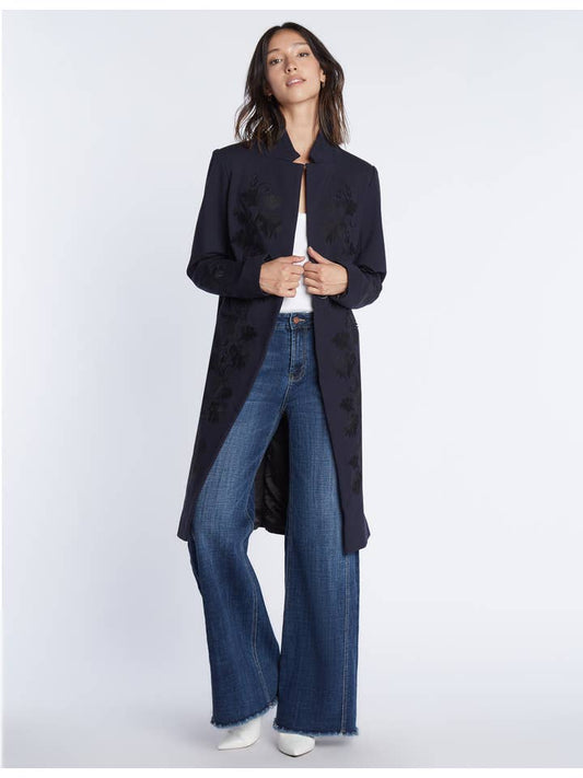 Sleek Embroidered Coat - Navy