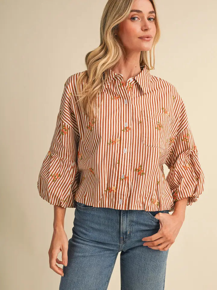 Embroidered Bubble Sleeve Button Down - Amber Stripe Floral