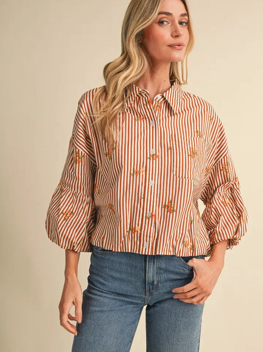 Embroidered Bubble Sleeve Button Down - Amber Stripe Floral