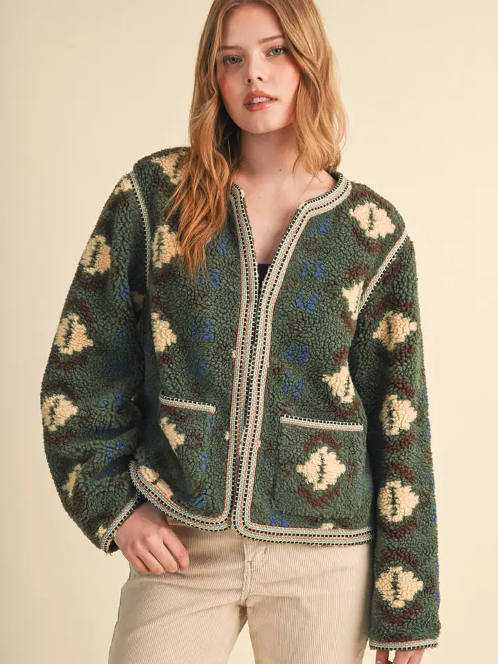 Sherpa Aztec Jacket - Olive Cream