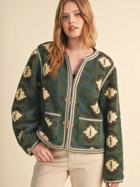 Sherpa Aztec Jacket - Olive Cream