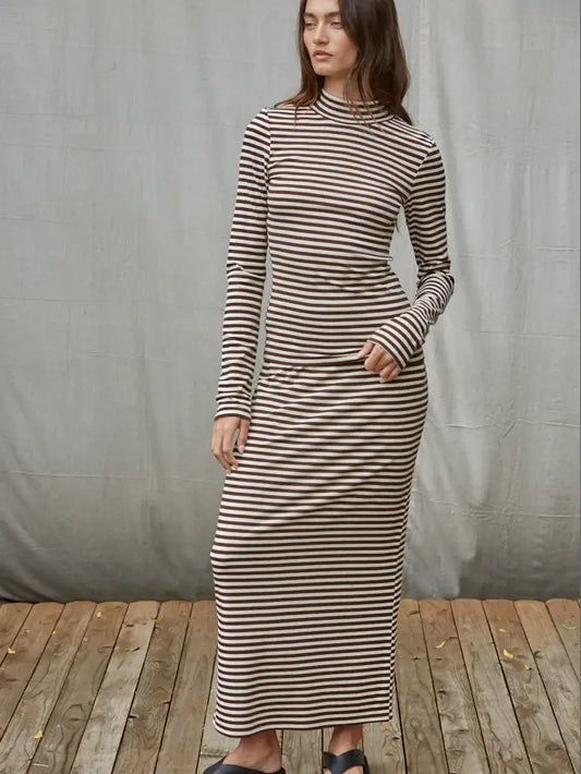 Mock Neck Striped Long Sleeve - Cream Brown