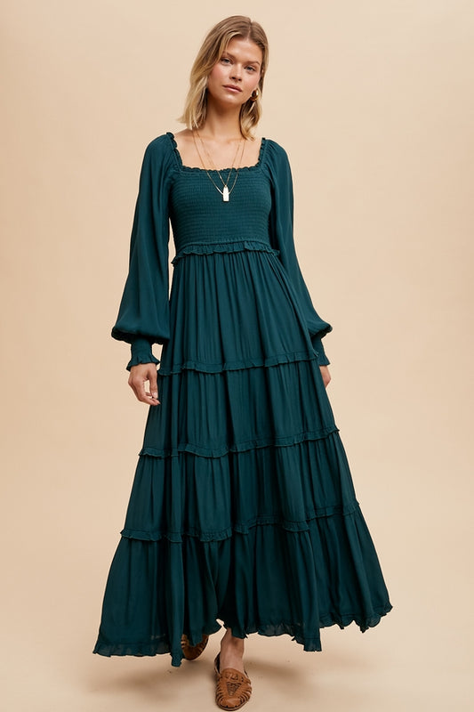 Smocked Square Neck Maxi Dress - Evergreen