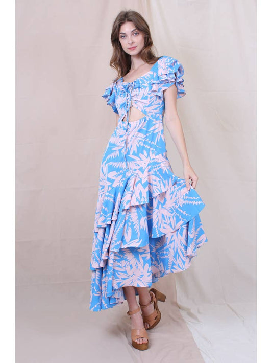 Tropical Floral Ruffle Maxi Dress - Blue