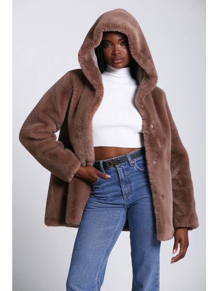 Hooded Faux Fur Coat - Taupe