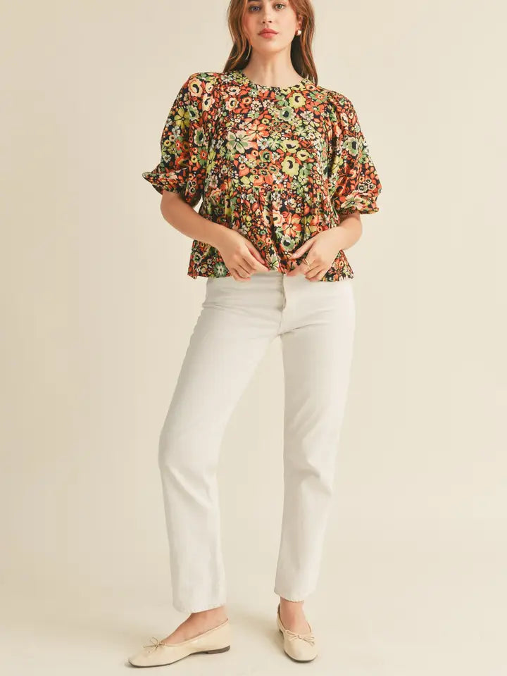 Floral Print Babydoll Top - Black Floral - Final Sale