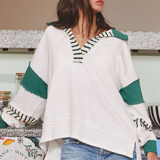 Color Block Rugby Top - Ivory/Heather Green