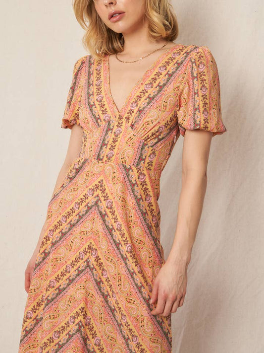 V-Neck Midi Dress - Pink Multi