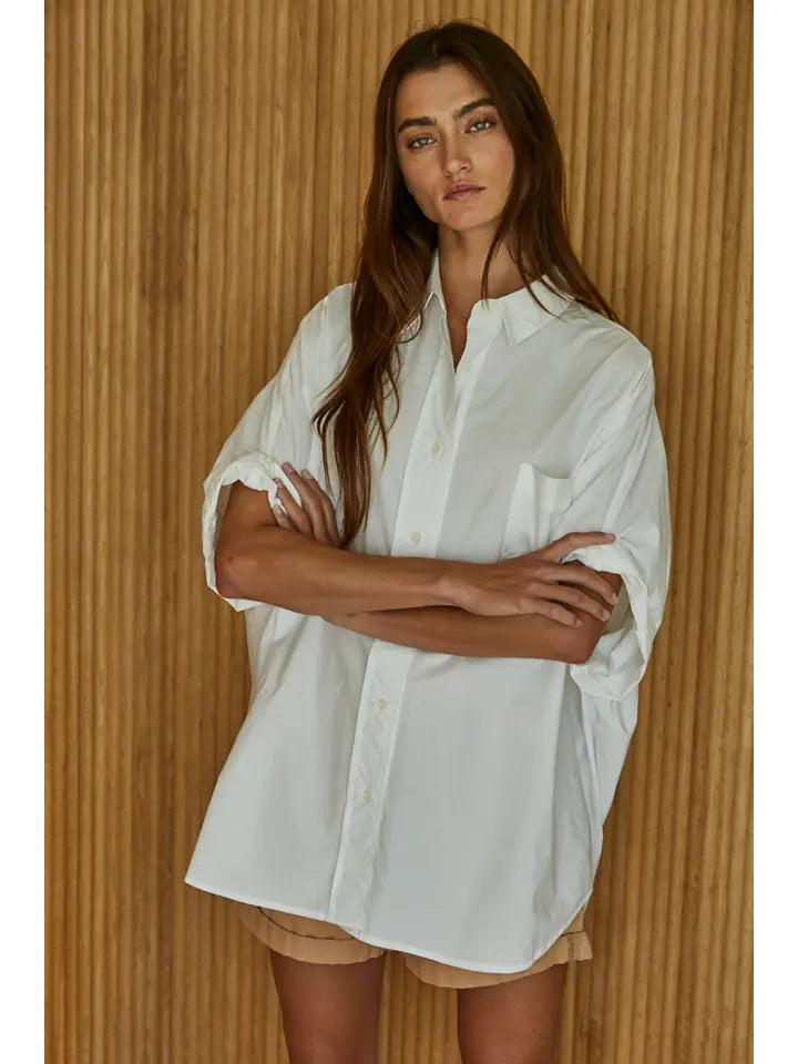 Oversized Cuff Hem Shirt - White