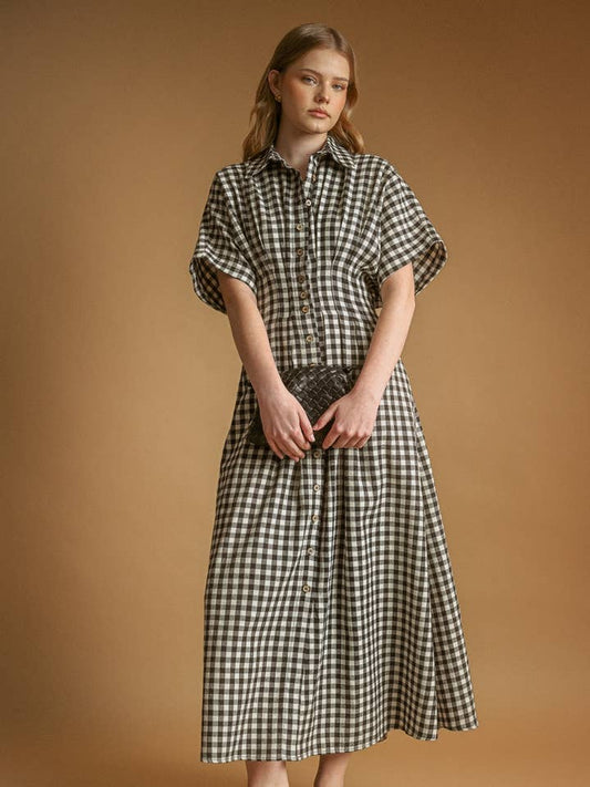 Gingham Shirt Dress - Black/Cream
