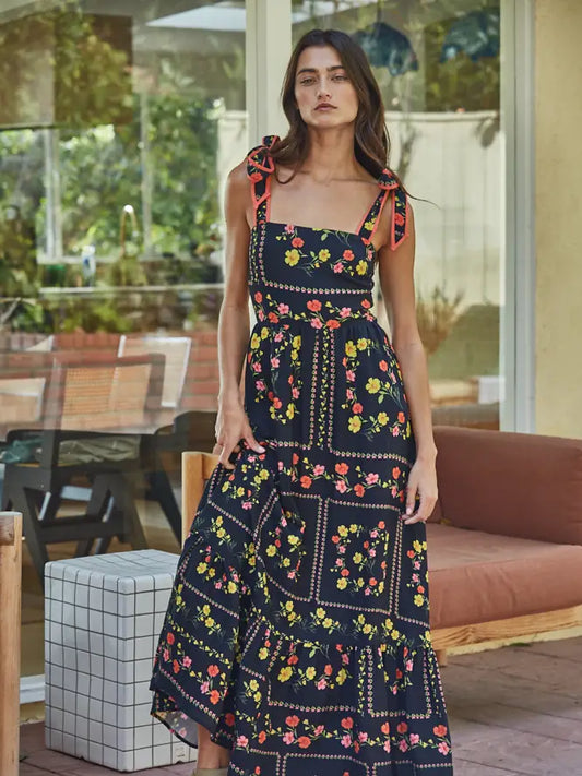 Floral Tie Shoulder Maxi Dress - Black Multi