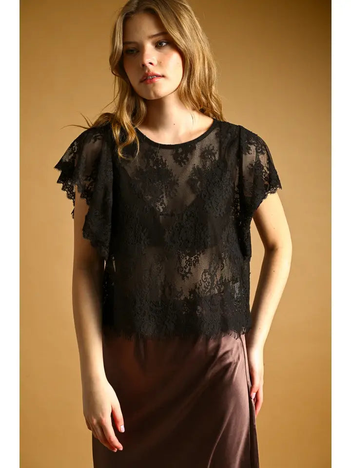 Lace Scalloped Top - Black