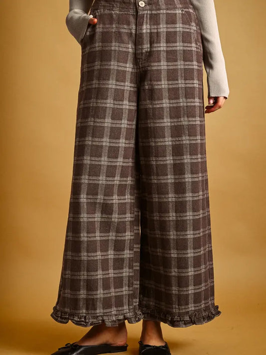 Ruffle Detail Plaid Pants - Chocolate