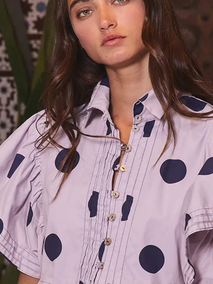 Ruffle Sleeve Polka Dot Top - Lavender/Navy