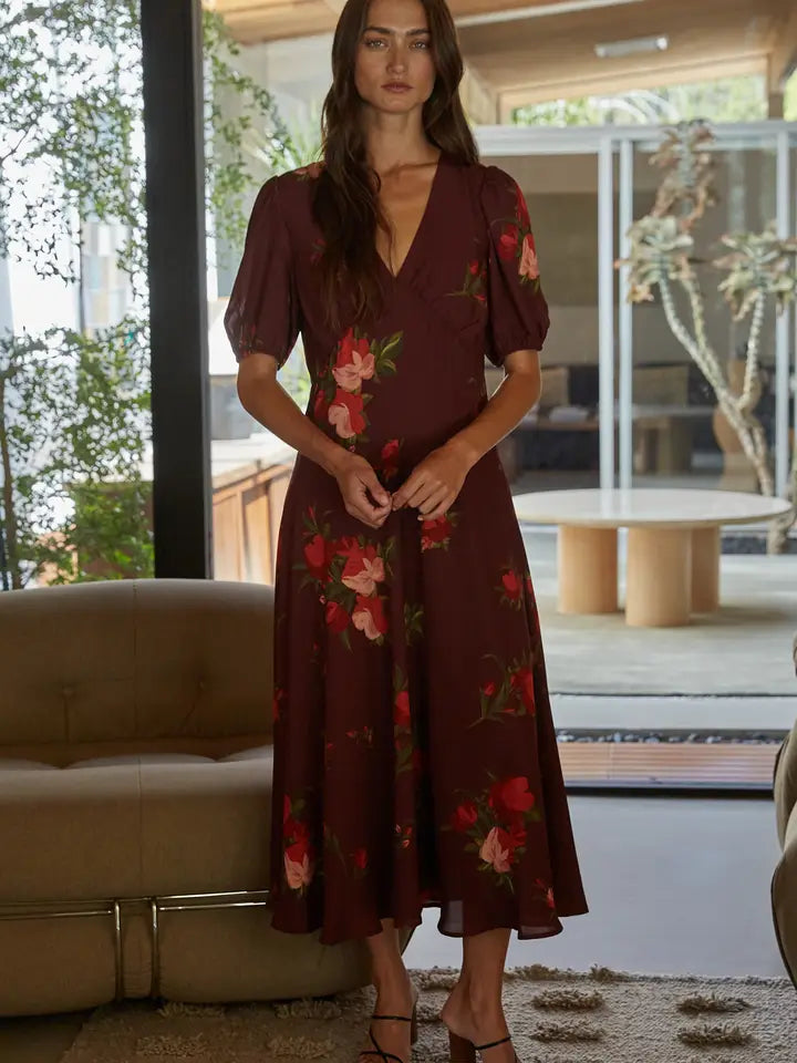 Floral Puff Sleeve Midi Dress - Wine