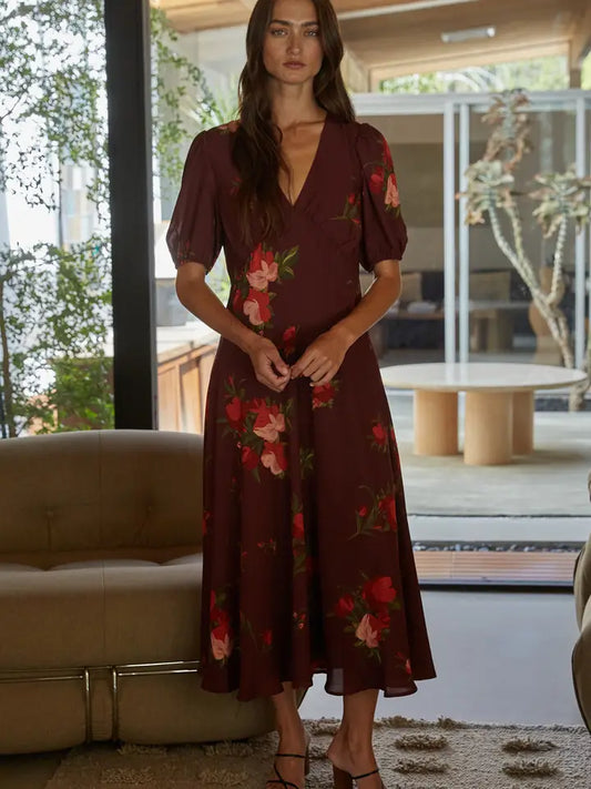 Floral Puff Sleeve Midi Dress - Wine