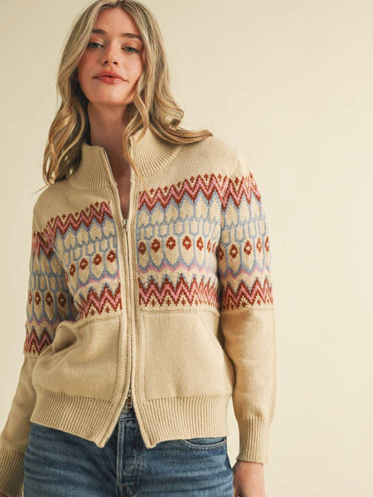 Fair Isle Zip Cardigan - Sand