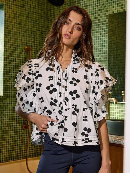 Ruffle Sleeve Floral Top - White/Black